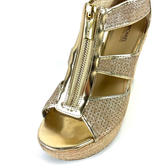 Michael Kors Damita Gold Glitter Metallic Caged Espadrille Platform Wedges - Picture 7 of 8